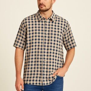 Vtg Links Edition Men Shirt XL Beige Blue Geometric Button Front 100% Cotton 90s